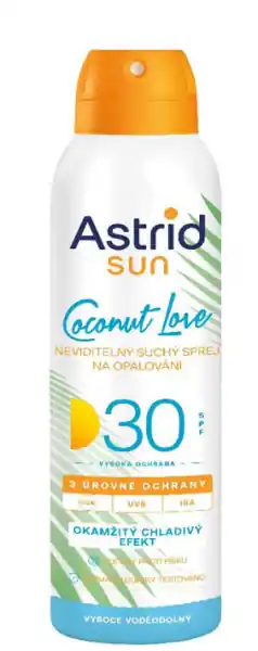 Akční Cena Astrid Sun Coconut Love neviditelný voděodolný suchý sprej na opalování SPF30 150ml