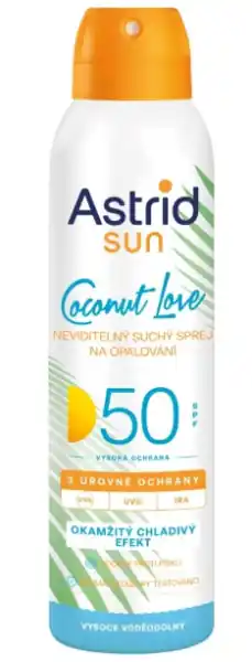 Hit Sezóny Astrid Sun Coconut Love neviditelný voděodolný suchý sprej na opalování SPF50 150ml