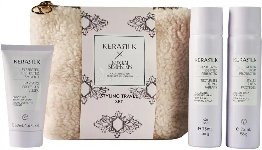 Značkový Kerasilk Styling Travel Set - Sprej na vlasy 75 ml + uhlazující krém 50 ml + lak na vlasy 75 ml Dárková sada