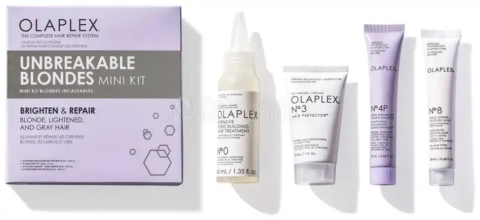 Top Prodej Olaplex Unbreakable Blondes Kit - NO. 0 péče 40 ml + NO. 3 vlasová kůra 30 ml + šampon 20 ml + maska 20 ml Dárková sada