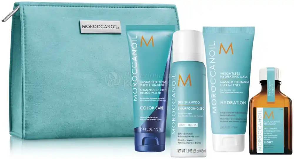 Sezónní Sleva Moroccanoil Blonde On the Go Set - Šampon 70 ml + maska 75 ml + suchý šampon 62 ml + olej 25 ml Dárková sada