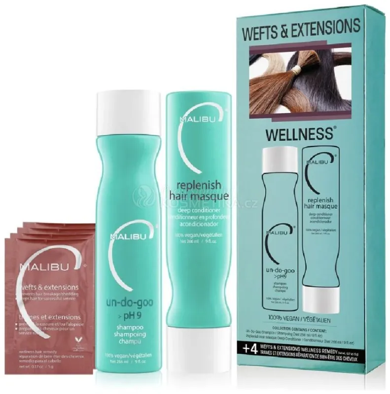 Přímo Od Výrobce Malibu C Wefts & Extensions Wellness Collection - Čistící šampon 266 ml + Replenish maska 266 ml Dárková sada