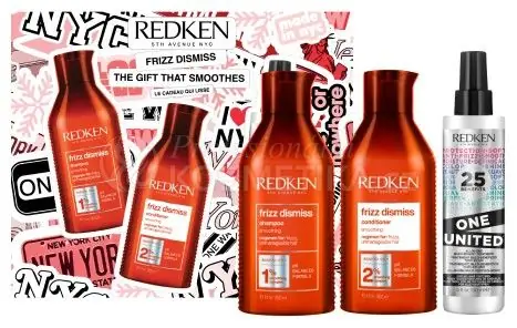 Levný Redken Frizz Dismiss Vánoční set - Šampon 300ml + Kondicioner 250ml + United One 150ml Dárková sada