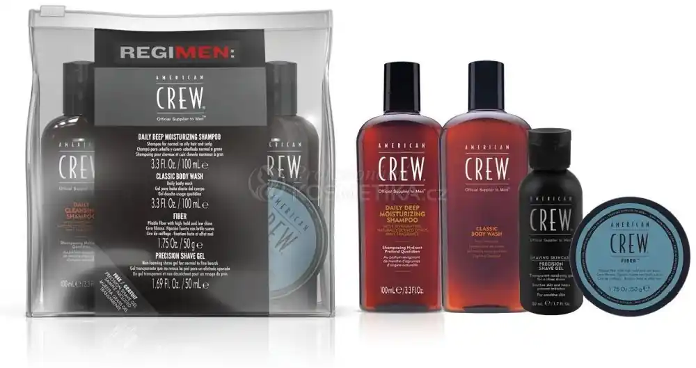 American Crew Regimen Travel Set - šampon 100 ml + sprchový gel 100 ml + gel na vlasy fiber 50 ml + gel na holení 50 ml Dárková sada Pouze Dnes