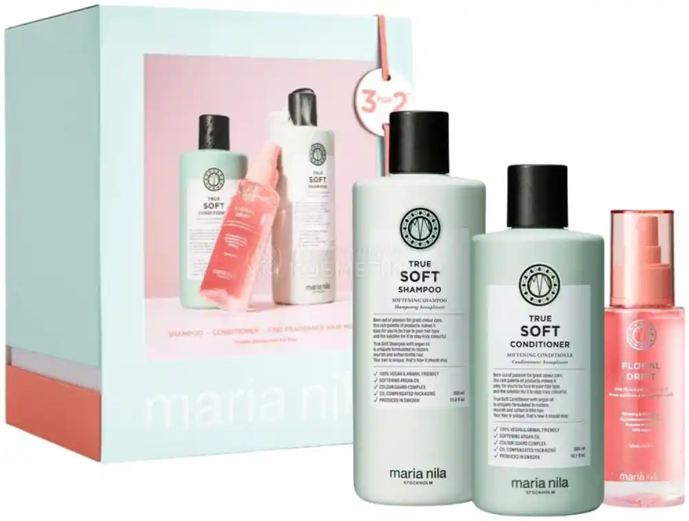 Maria Nila True Soft Holiday Box 2025 - Hydratační šampon 350 ml + hydratační kondicionér 300 ml + vůně do vlasů 100 ml Dárková sada Zlevněný