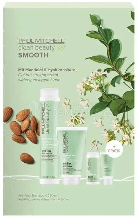 Levný Paul Mitchell Clean Beauty Smooth Sada - Šampon 250 ml + bezoplachová péče 150 ml + šampon 50 ml + kondicionér 50 ml Dárková sada