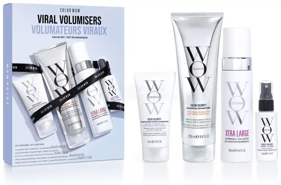 Color Wow Viral Volumizers - Šampon pro ochranu barvy 250 ml + hydratační kondicionér 75 ml + objemová pěna 195 ml + sprej pro objem 50 ml Dárková sada Poslední Šance