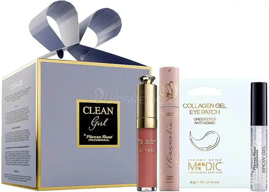 Odeslání Ihned Pierre René Clean Girl Blue Set - Hydratační olej na rty 8ml + řasenka Magnolia černá 10 ml + fixační gel na obočí 10 ml + maska na oční okolí 2 x 5,5 g Dárková sada