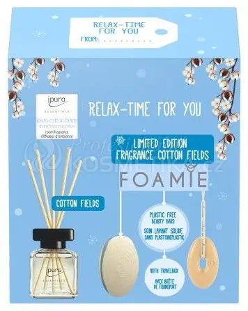 Foamie x Ipuro Relax-Time Set - Tuhá tělová péče 80 g + cestovní pouzdro 1 ks + aroma difuzér 50 ml Dárková sada Nová Kolekce