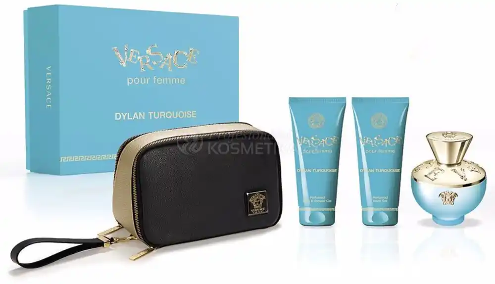 Nová Kolekce Versace Dylan Turquoise Set - EDT 100 ml + sprchový gel 100 ml + tělové mléko 100ml + Kosmetická taštička Dárková sada