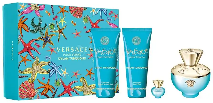 Autentický Versace Dylan Turquoise Set - EDT 100 ml + EDT 5 ml + sprchový gel 100 ml + tělové mléko 100 ml Dárková sada