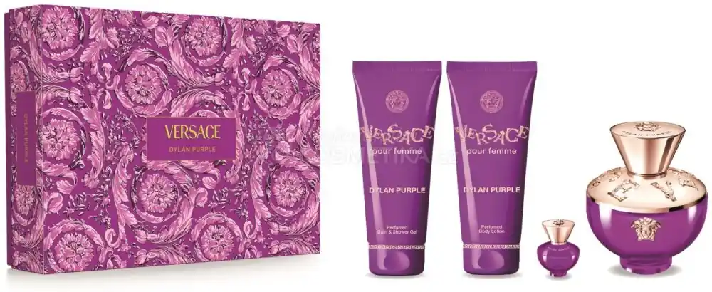 Vysoce Kvalitní Versace Dylan Purple Set - EDP 100 ml + EDP 5ml + sprchový gel 100 ml + tělový gel 100 ml Dárková sada