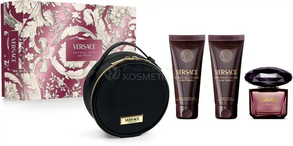 Versace Crystal Noir Set - EDP 90 ml + sprchový gel 100 ml + tělové mléko 100 ml + kosmetická kabelka Dárková sada Vysoce Kvalitní