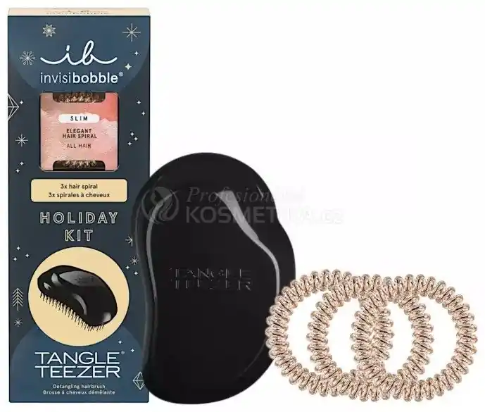 Zlevněný Invisibobble Classic Beauty Set - Gumička do vlasů slim 3 ks Zlaté + kartáč na vlasy Tangle Teezer Černý Dárková sada