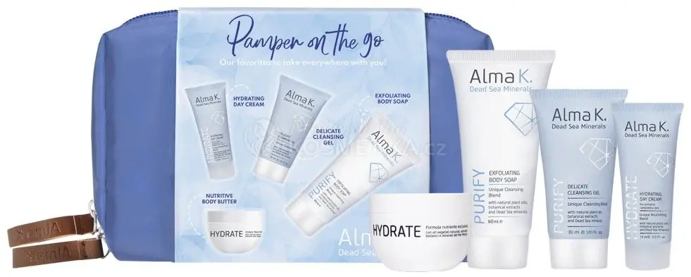 Alma K. Pamper On the Go Travel Set - Tělové mýdlo 60 ml + tělové máslo 50 ml + čistící gel 30 ml + denní krém 15 ml Dárková sada Horká Nabídka