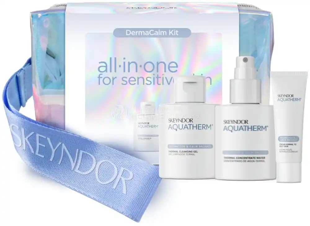 Víkendová Akce Skeyndor Aquatherm All-in-one for Sensitive Skin Travel Set - Termální čistící gel 100 ml + termální koncentrováno voda 100 ml + krém na normální a suchou pleť 15 ml Dárková sada