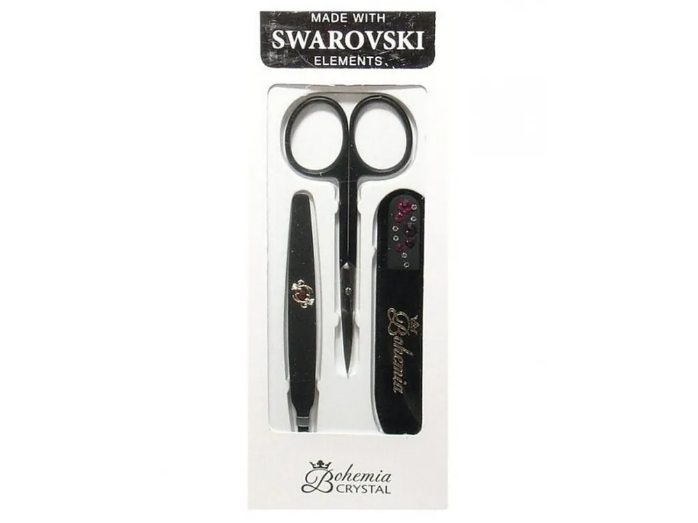 Hit Sezóny BOHEMIA CRYSTAL Manikura Swarovski - skleněný pilník 90mm + pinzeta + nůžky - černá