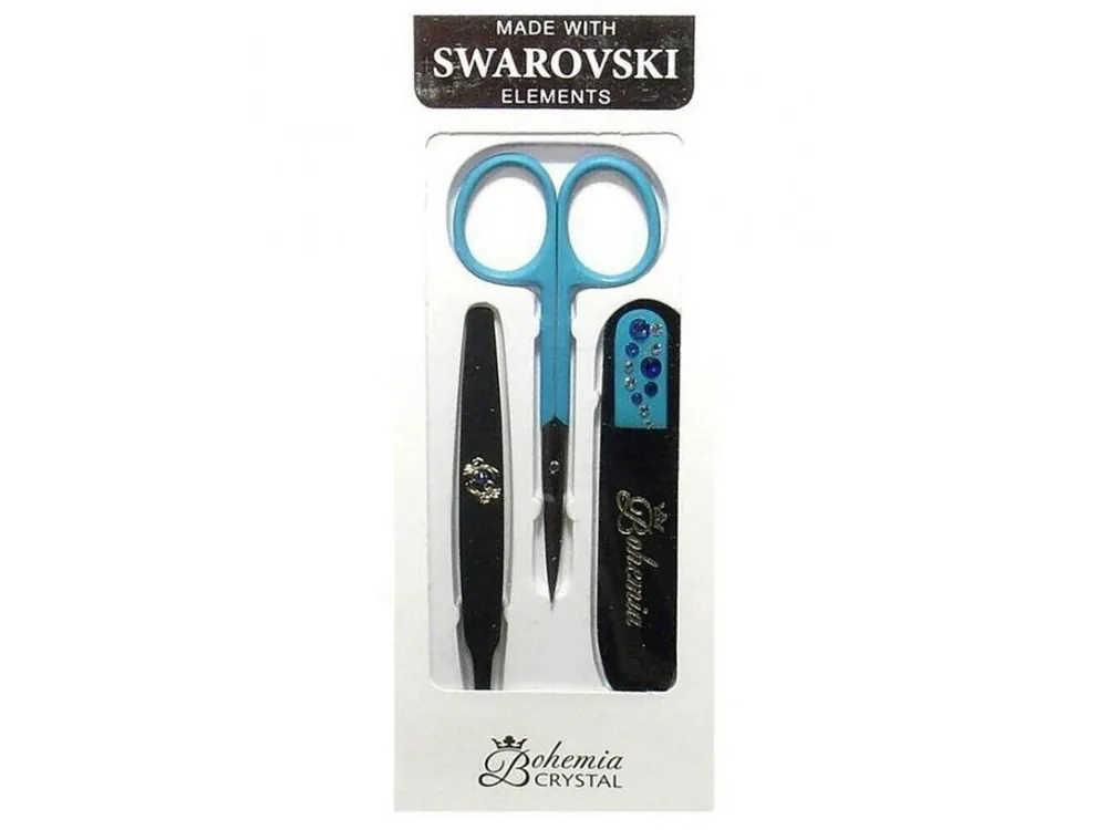 BOHEMIA CRYSTAL Manikura Swarovski - skleněný pilník 90mm + pinzeta + nůžky - modrá Must-Have
