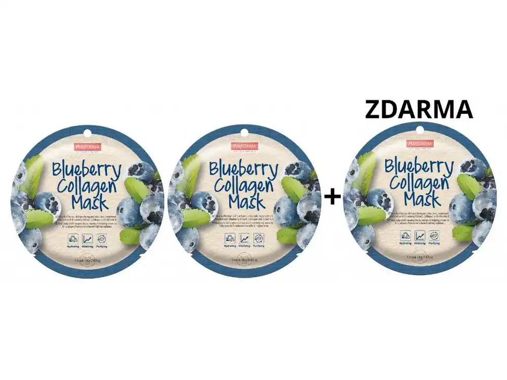 Purederm Textilní kolagenová pleťová maska s výtažky z borůvek 2+1 ZDARMA, 3 ks Top Prodej