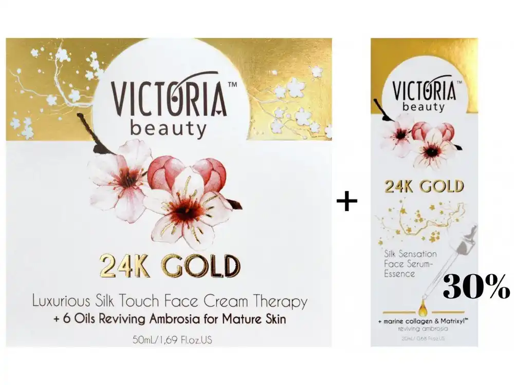 Koupit Online Victoria beauty 24K Gold Silk Kosmetický balíček skyselinou hyaluronovou Denní/noční krém 50 ml + pleťové sérum 20 ml + dárková taštička