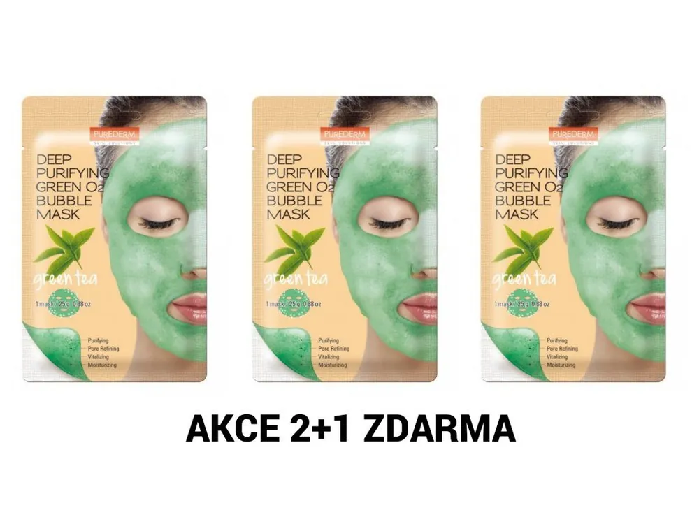 Rychlé Dodání Purederm Čisticí okysličující O2 bublinková maska s výtažkem ze zeleného čaje AKCE 2+1 ZDARMA 3 ks