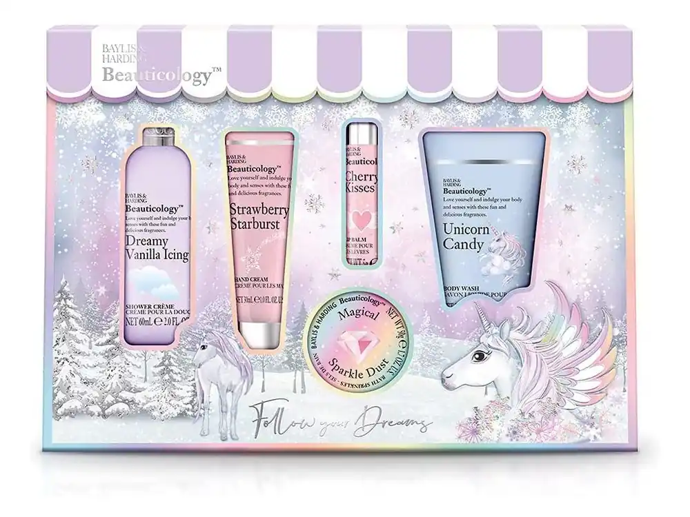 Cenově Výhodný Baylis & Harding Sada péče o tělo s balzámem na rty Beauticology Unicorn 5 ks
