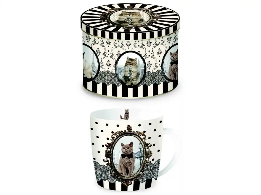 Easy Life Porcelánový hrnek Barocco Cats B v plechové dóze 350 ml Nízká Cena