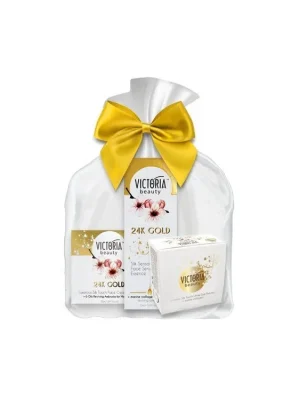 Originální Victoria beauty 24K Gold Silk Dárkový balíček Denní/noční krém 50 ml + pleťové sérum 20 ml+ hydrogelové masky pod oči 60 ks