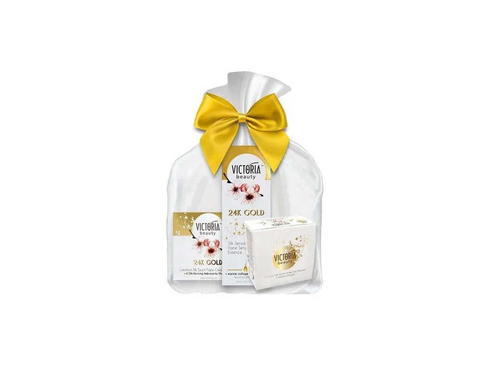 Originální Victoria beauty 24K Gold Silk Dárkový balíček Denní/noční krém 50 ml + pleťové sérum 20 ml+ hydrogelové masky pod oči 60 ks