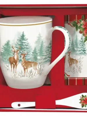 Vysoce Kvalitní Easy Life Vánoční čajová sada Winter Forest porcelánový hrnek 350 ml, porcelánová lžička, podtácek3 ks