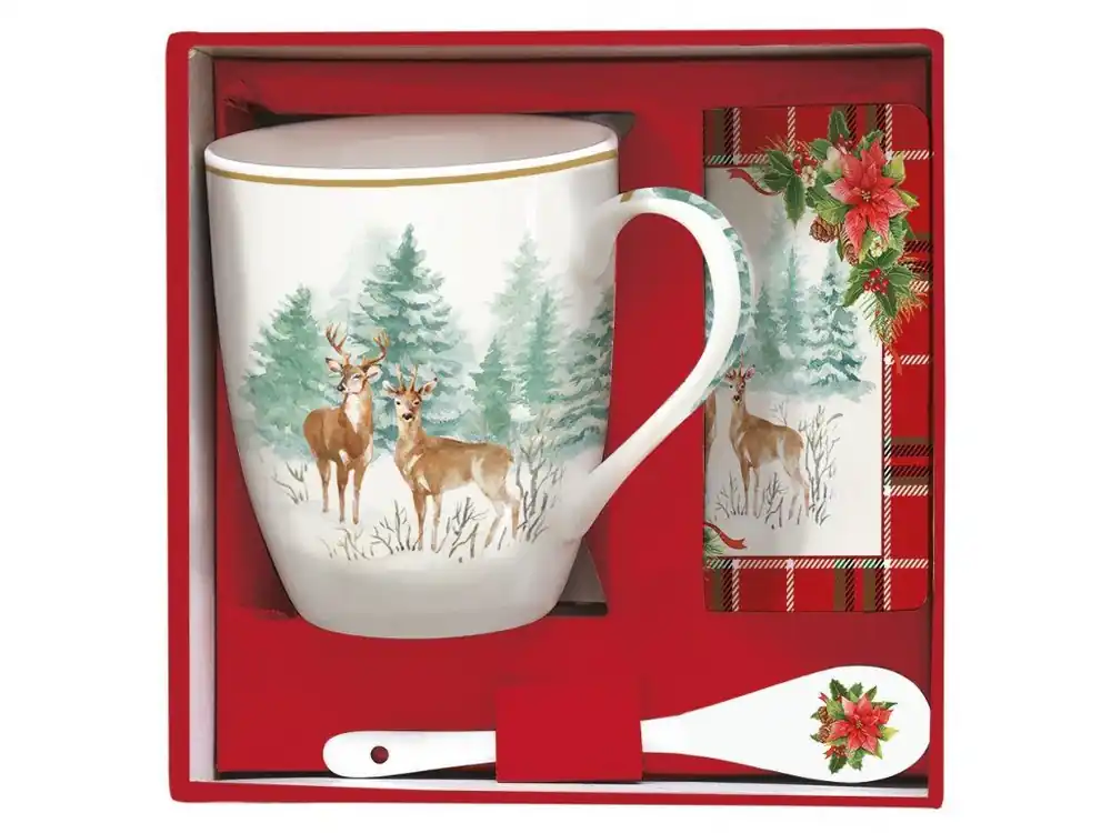 Vysoce Kvalitní Easy Life Vánoční čajová sada Winter Forest porcelánový hrnek 350 ml, porcelánová lžička, podtácek3 ks