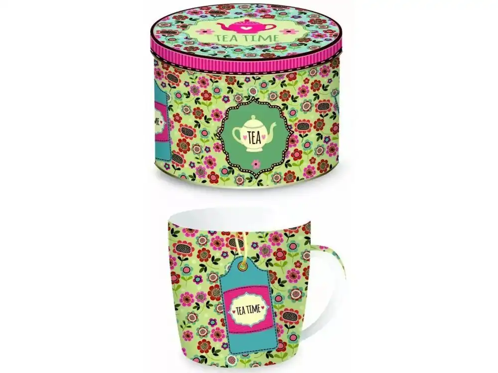 Easy Life Porcelánový hrnek Teatime Background Green v plechové dóze 350 ml Nejlepší Cena