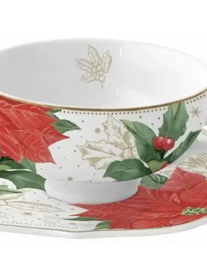 Easy Life Porcelánový šálek a podšálek Poinsettia & Berries na čaj v dárkové krabičce 250 ml Finální Výprodej