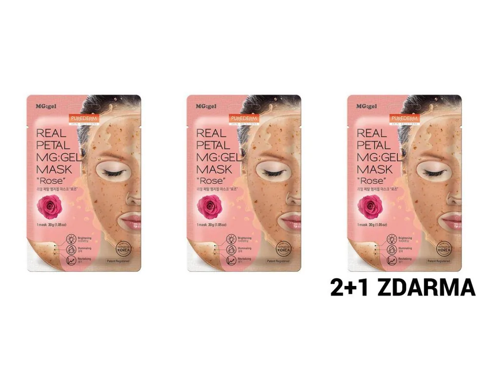 Purederm Textilní LIFTINGOVÁ pleťová maska MG gel s pravými lístky z růží 2+1 ZDARMA 3 ks Dokud Zásoby Vydrží