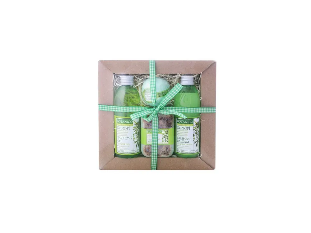 Časově Omezené BOTANICO Dárková sada Konopí šampon/balzámem 200 ml, sprchový gel 200 ml, balistik do koupele 50 g, glycerínové mýdlo 200 g 4 ks