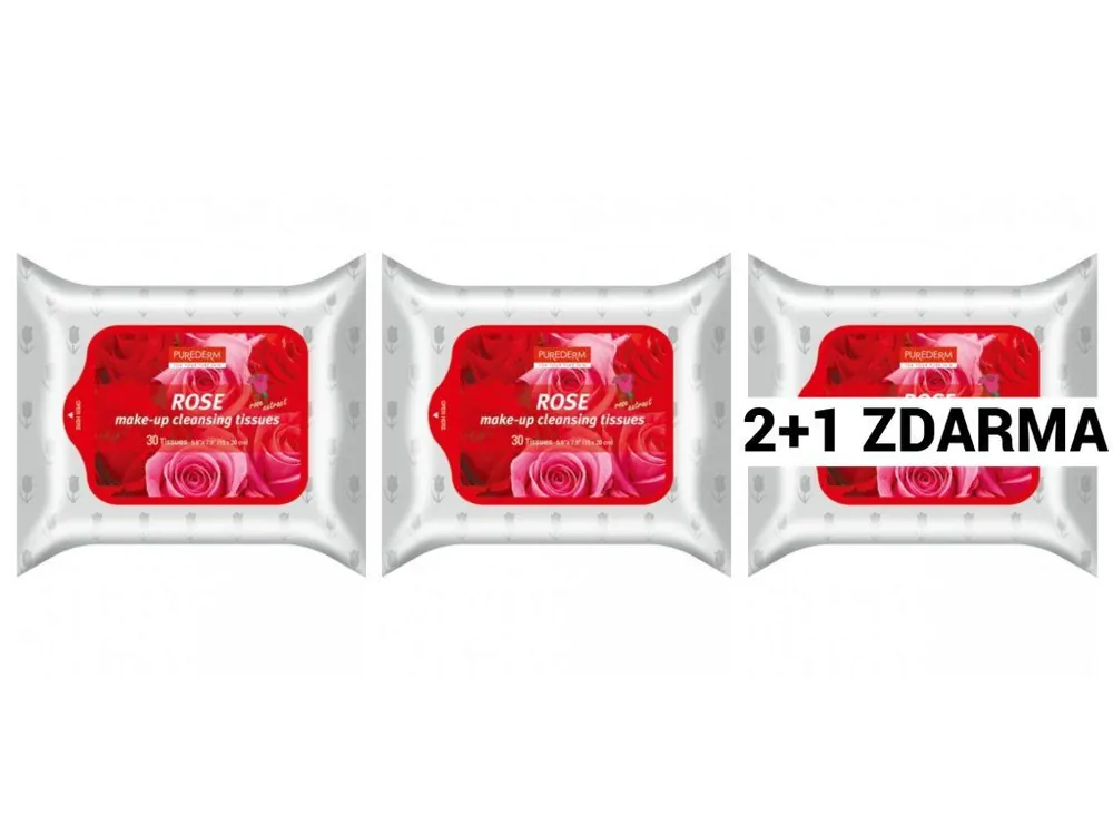 Purederm Čisticí pleťové ubrousky Rose s růžovým olejem AKCE 2+1 ZDARMA 90 ks Vrácení Zdarma