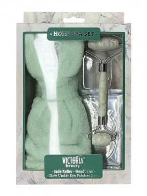 Zlevněný Victoria beauty Dárkový set masážního válečku z kamene jadeitu, oční masky a kosmetické čelenky 3 ks