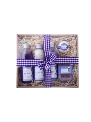 BOTANICO Dárková sada Levandule Koupelová sůl 200 g, šampon/balzám 200 ml, sprchový gel 200 ml, balistik do koupele 50 g, glycerínové mýdlo 200 g 5 ks Top Prodej