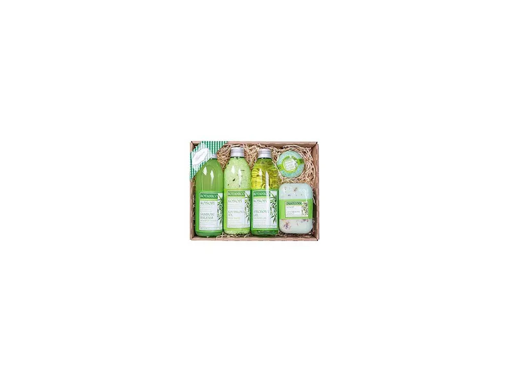 Výprodej BOTANICO Dárková sada KONOPÍ Koupelová sůl 200 g, šampon/balzám 200 ml, sprchový gel 200 ml, balistik do koupele 50 g, glycerínové mýdlo 200 g 5 ks