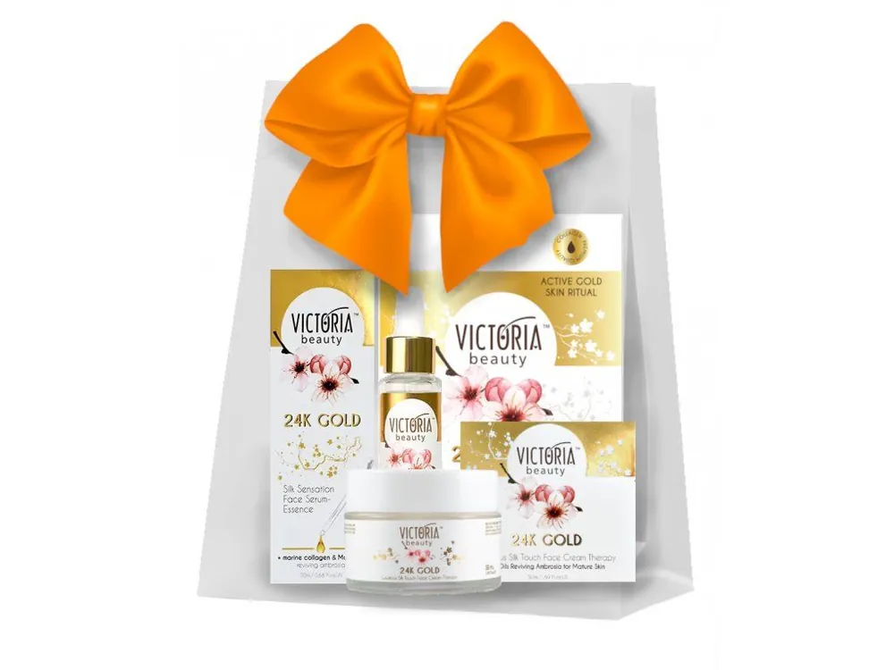 Must-Have Victoria beauty 24K Gold Silk Dárkový balíček Denní/noční krém 50 ml + pleťové sérum 20 ml + zlatá hydrogelová maska 3 ks