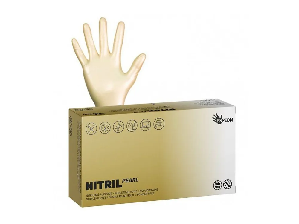 Výprodej ESPEON Nitril Sparkle GOLD 100ks L - nitrilové rukavice pro vícenásobné použití - zlaté