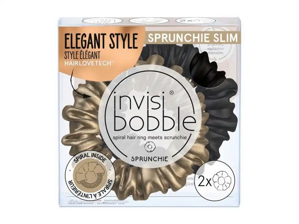 Značkový INVISIBOBBLE SPRUNCHIE SLIM True Golden 2ks - Látkové gumičky do vlasů - černá + zlatá