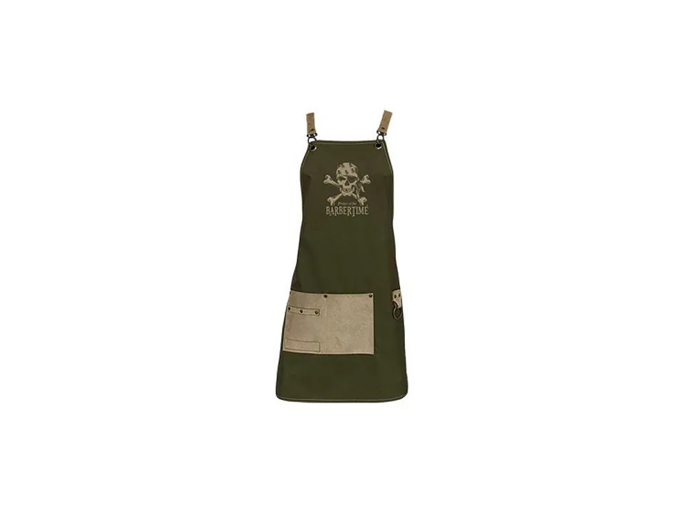 Nejlepší Volba BARBERTIME Green Apron - barber zástěta s kapsami pirátský znak - zelenobéžová
